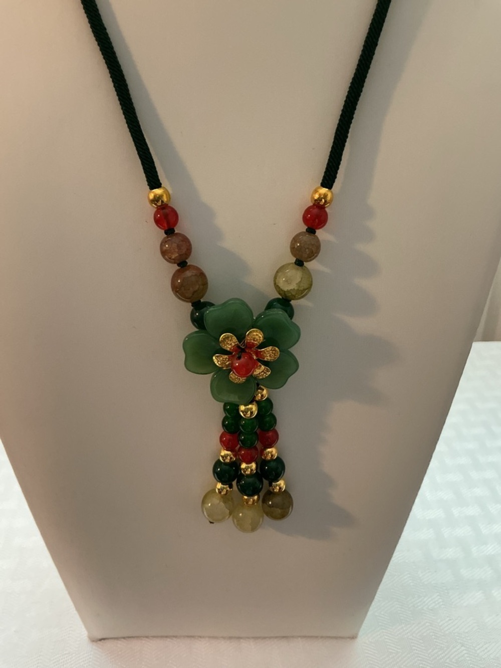 Green Beaded Flower Gold Tone Necklace